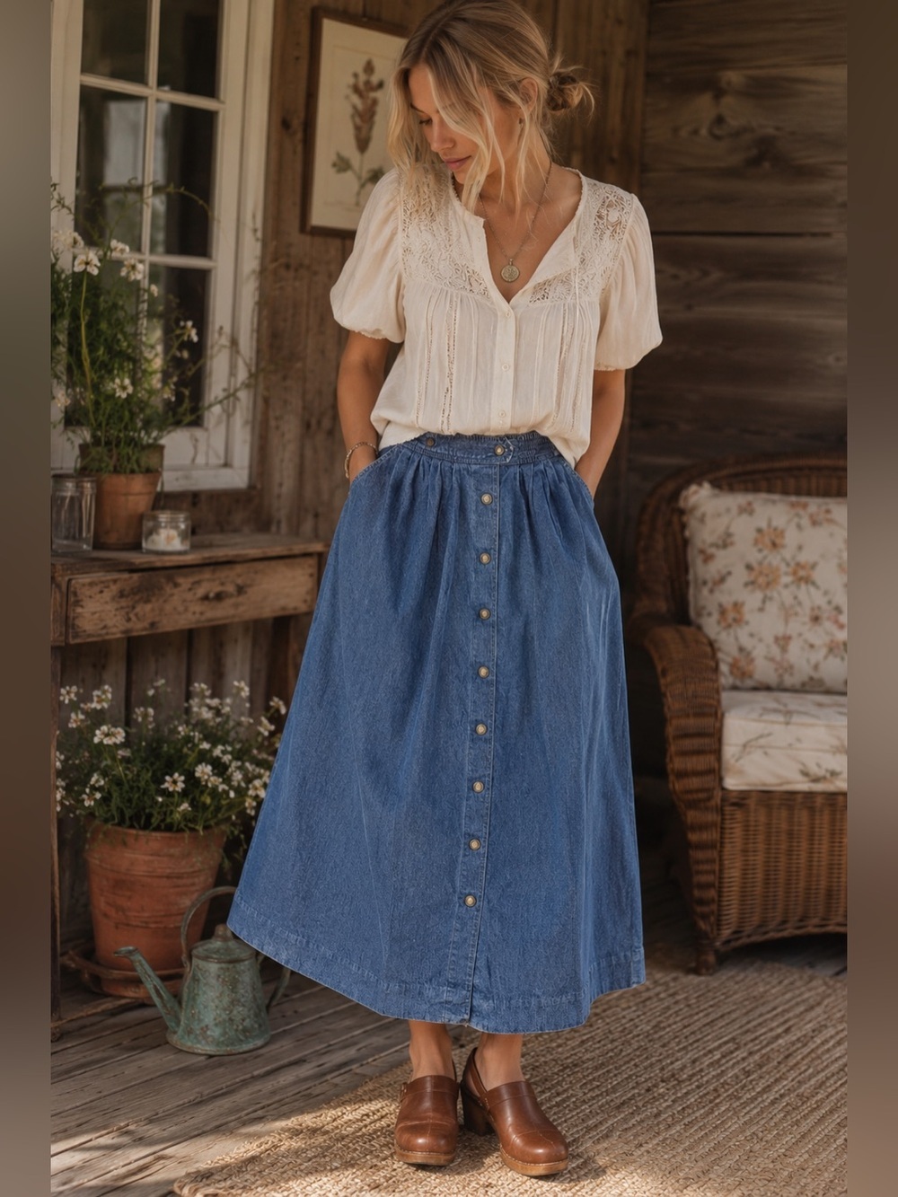 Vintage Sasson Denim Maxi Skirt Size 14 Blue Jean Button Front USA Elastic Waist
